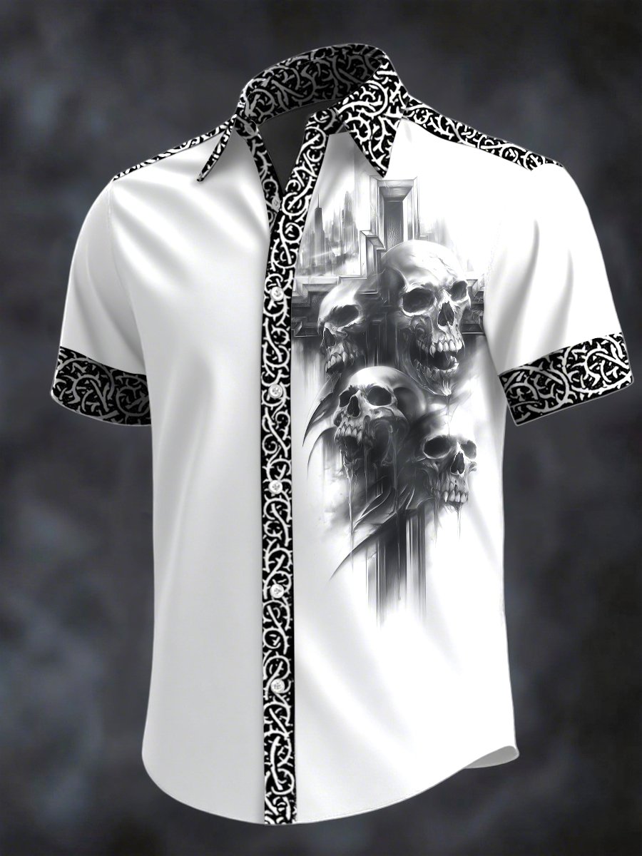 Men's Retro Horror Skull Print Lapel Short Sleeve Shirt