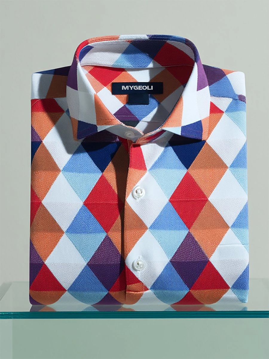 Men's Business Casual Geometric Plaid Art Button Short Sleeve Polo Shirt
