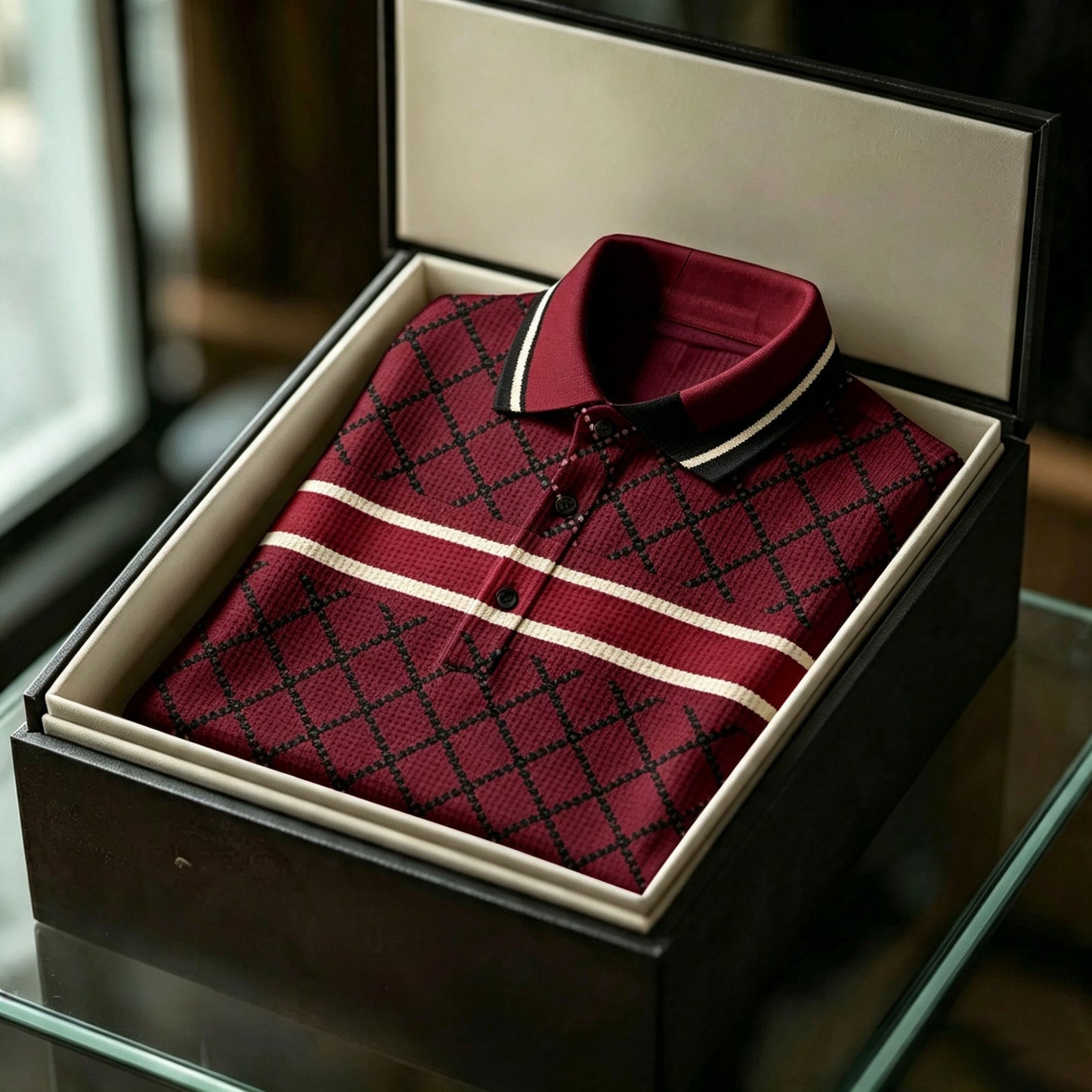 Men's Short-Sleeve Polo Shirt with Diamond-Pattern Print
