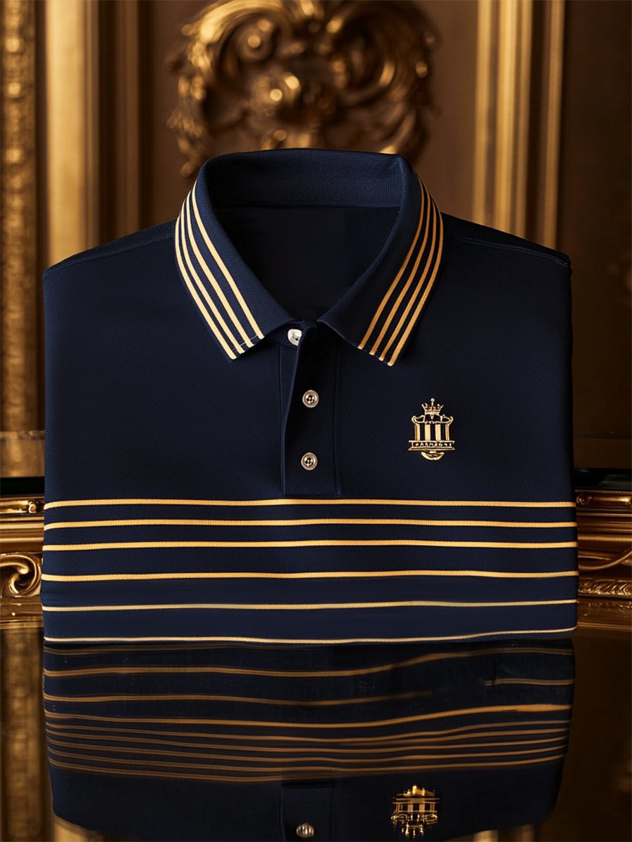 Men's Business Casual Striped Button Short Sleeve Polo Shirt