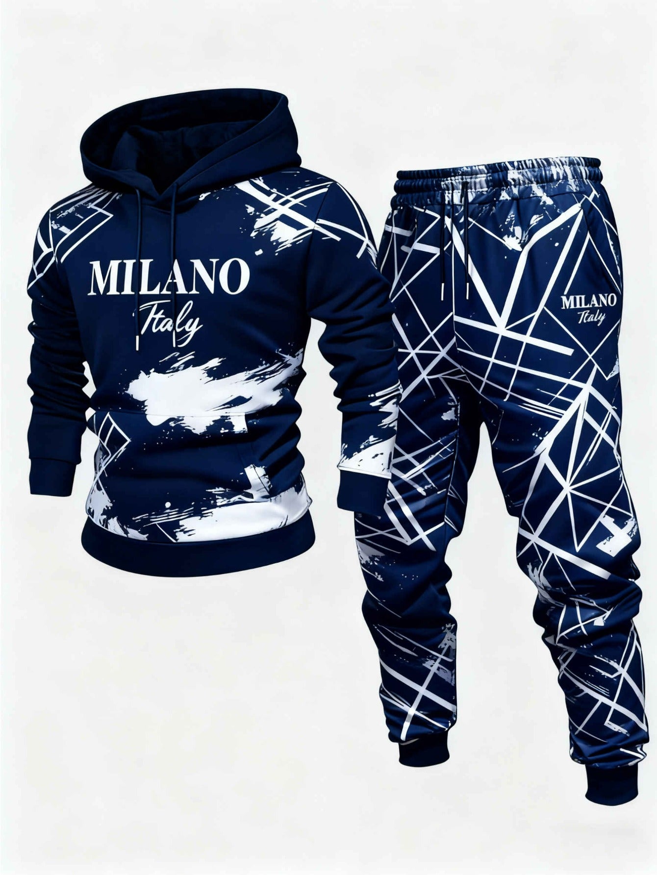 Men's Casual Navy Blue & White Color Geometrc Printed Hoodies Long Sleeved Sweatshirts & Sweatpants Two-Piece Set
