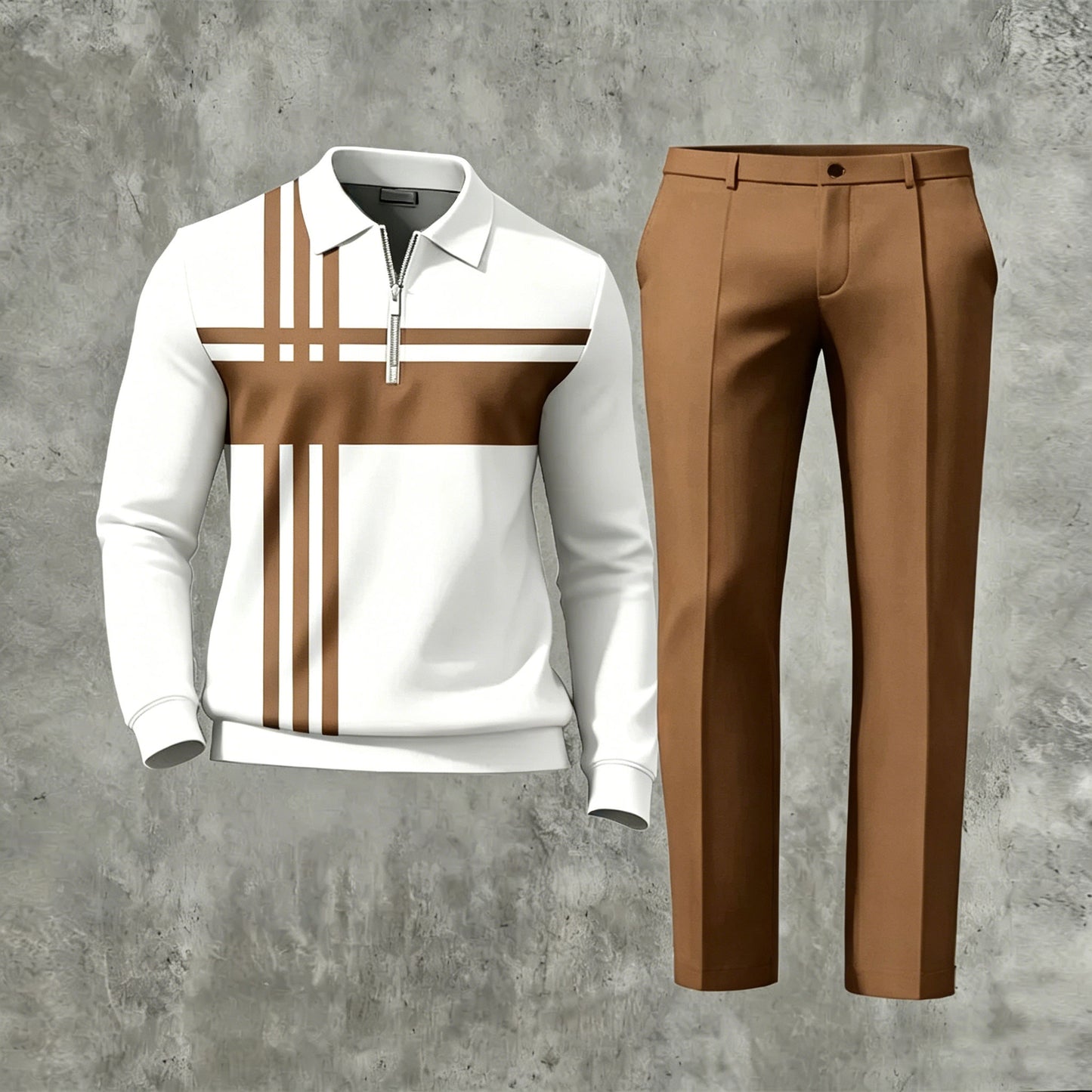 Men's Casual Brown Geometry Printed Long-Sleeve And Pants Two-Piece Set