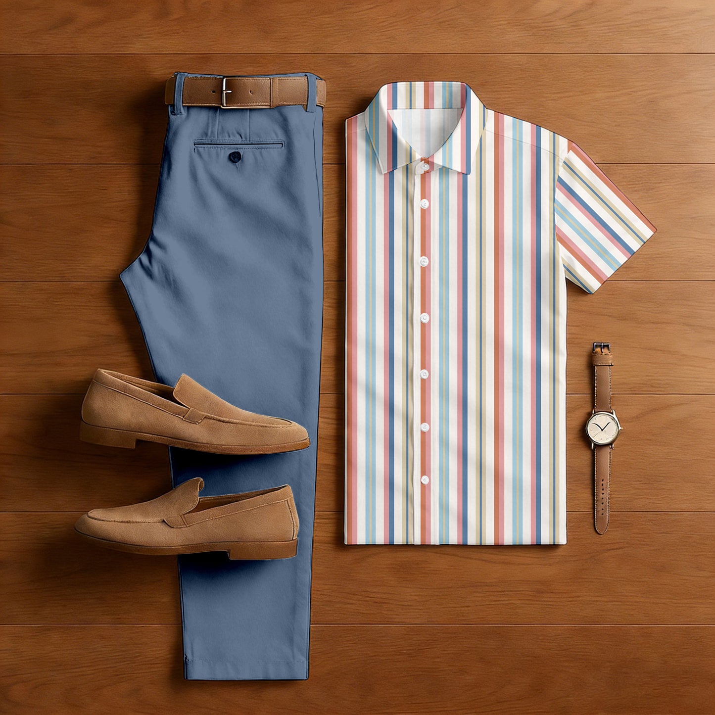 Men's Casual Multi & Blue Color Matching Striped Print Short-Sleeve Shirt & Trousers Two-Piece Set