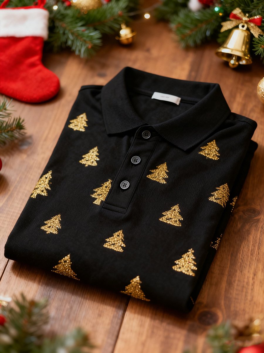 Men's Business Christmas Tree Button Long Sleeve Polo Shirt