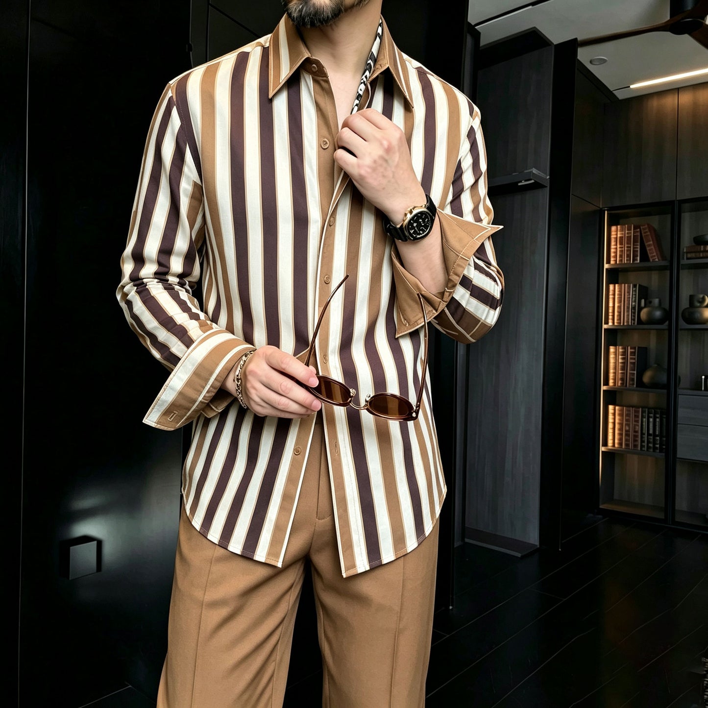 Men's Casual Striped Patchwork-Print Lapel Long-Sleeve Shirt and Pants Two-Piece Set
