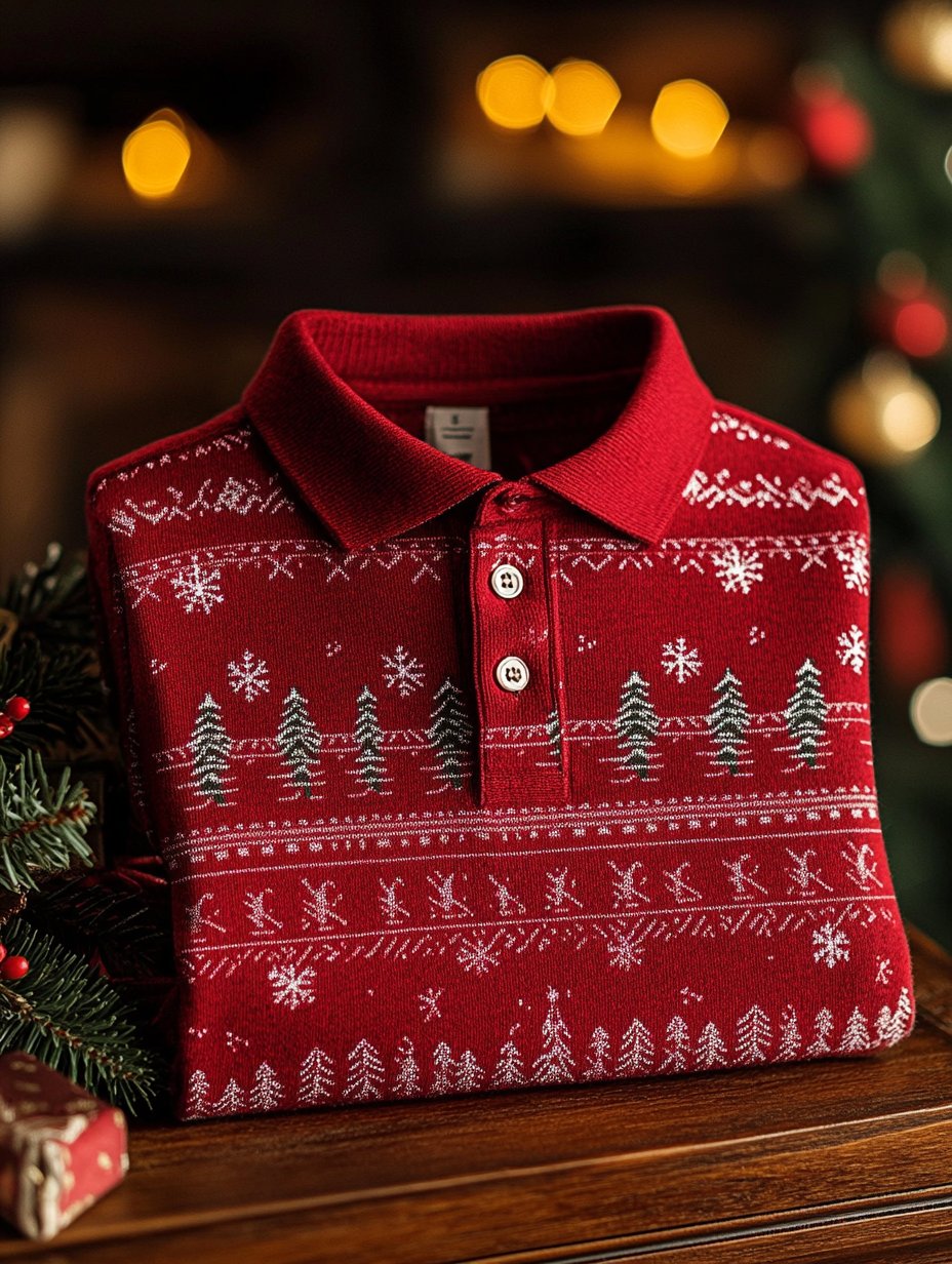Men's Business Christmas Evergreen Snowflake Button Long Sleeve Polo Shirt