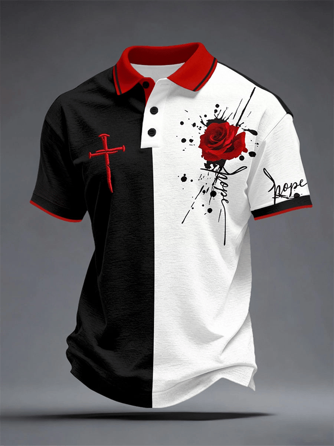 Men's Retro Faith Cross Print Casual Polo Shirt