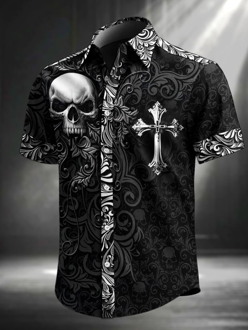 Men's Vintage Skull Floral Print Lapel Short Sleeve Shirt