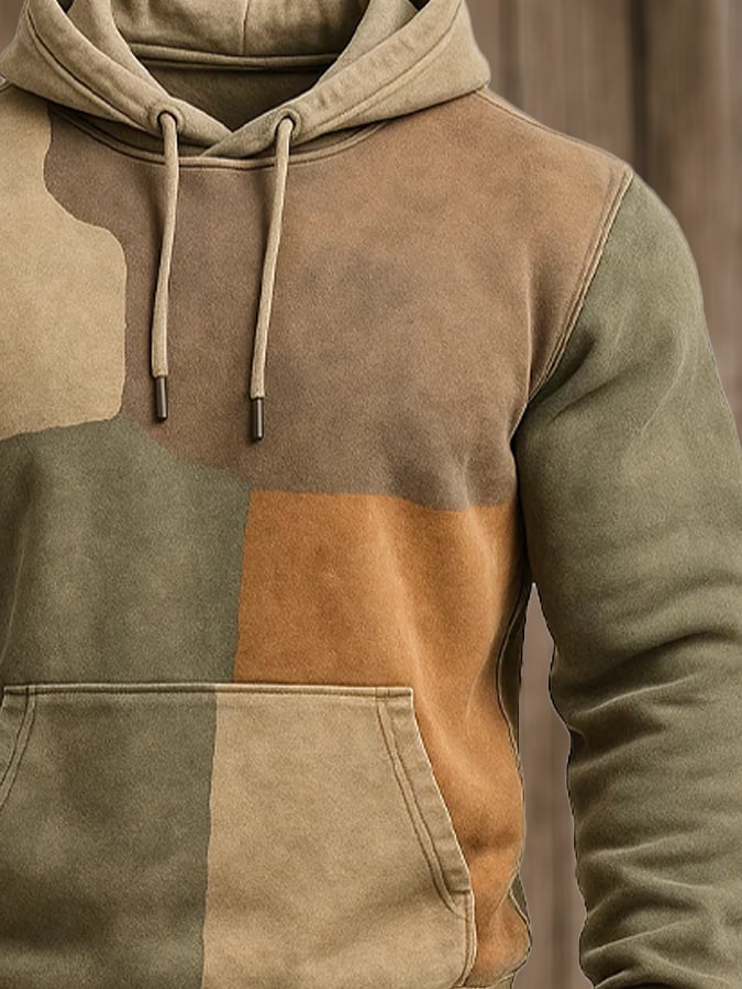 Men's Retro Distressed Color Block Print Casual Long Sleeve Sweatshirt