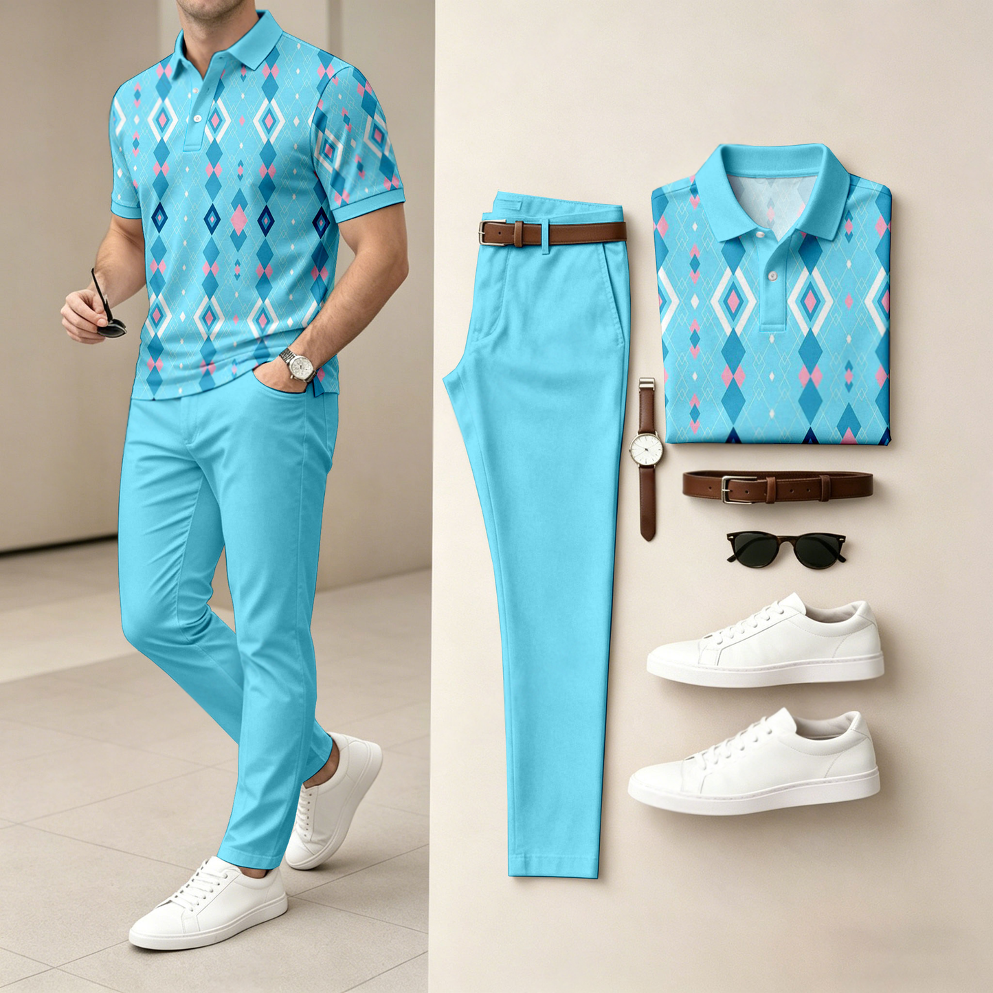 Men's Casual Colorful Diamond-Patterned Short-Sleeve Polo Shirt And Pants Set (Excludes Accessories Such As Watches And Belts)