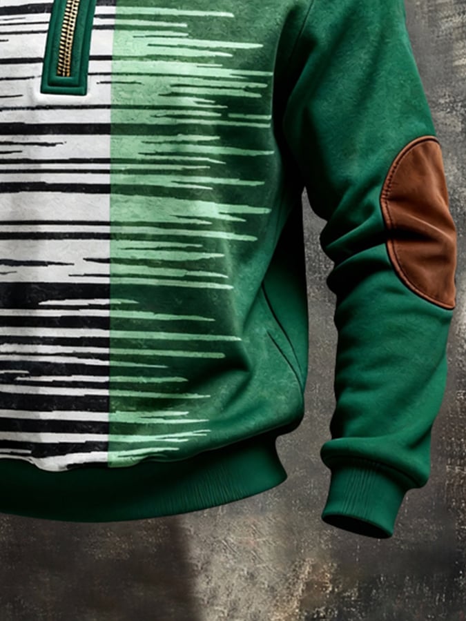 Men's Retro Color Block Print Color-Blocked Zip-Up Sweatshirt