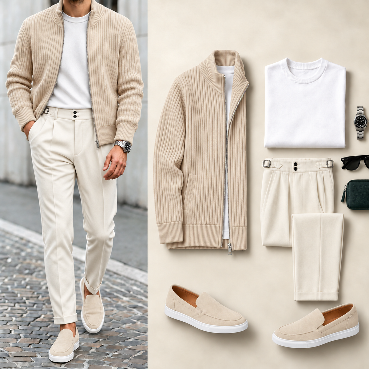 Men's Ribbed Full-Zip Stand Collar Jacket and Pleated Trousers Set