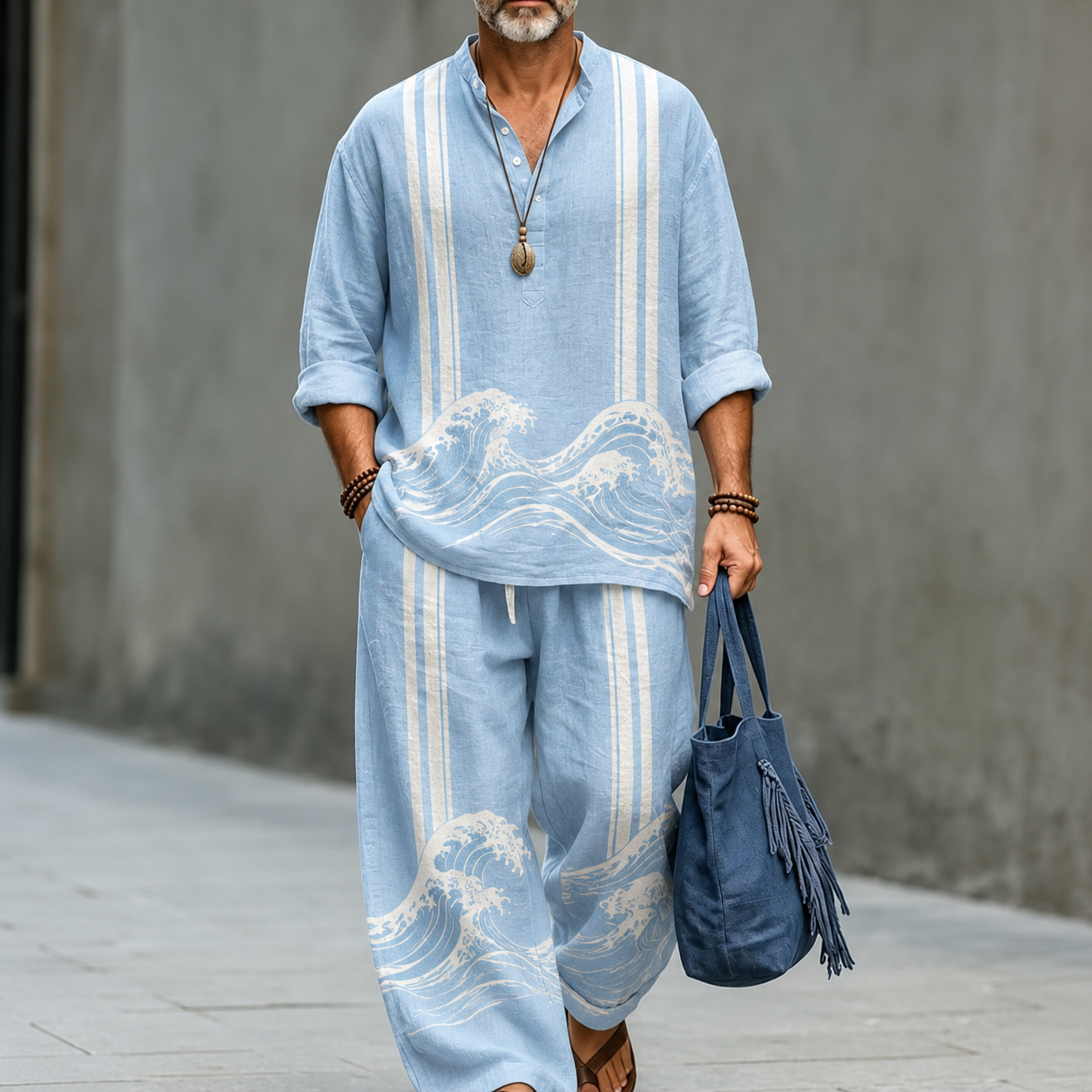 Men's Sky Blue Wave Print Linen Top and Wide Leg Pants Two Piece Set