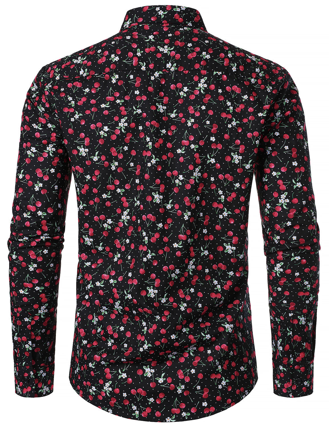 Men's Cherry Print Breathable Cotton Black Long Sleeve Shirt