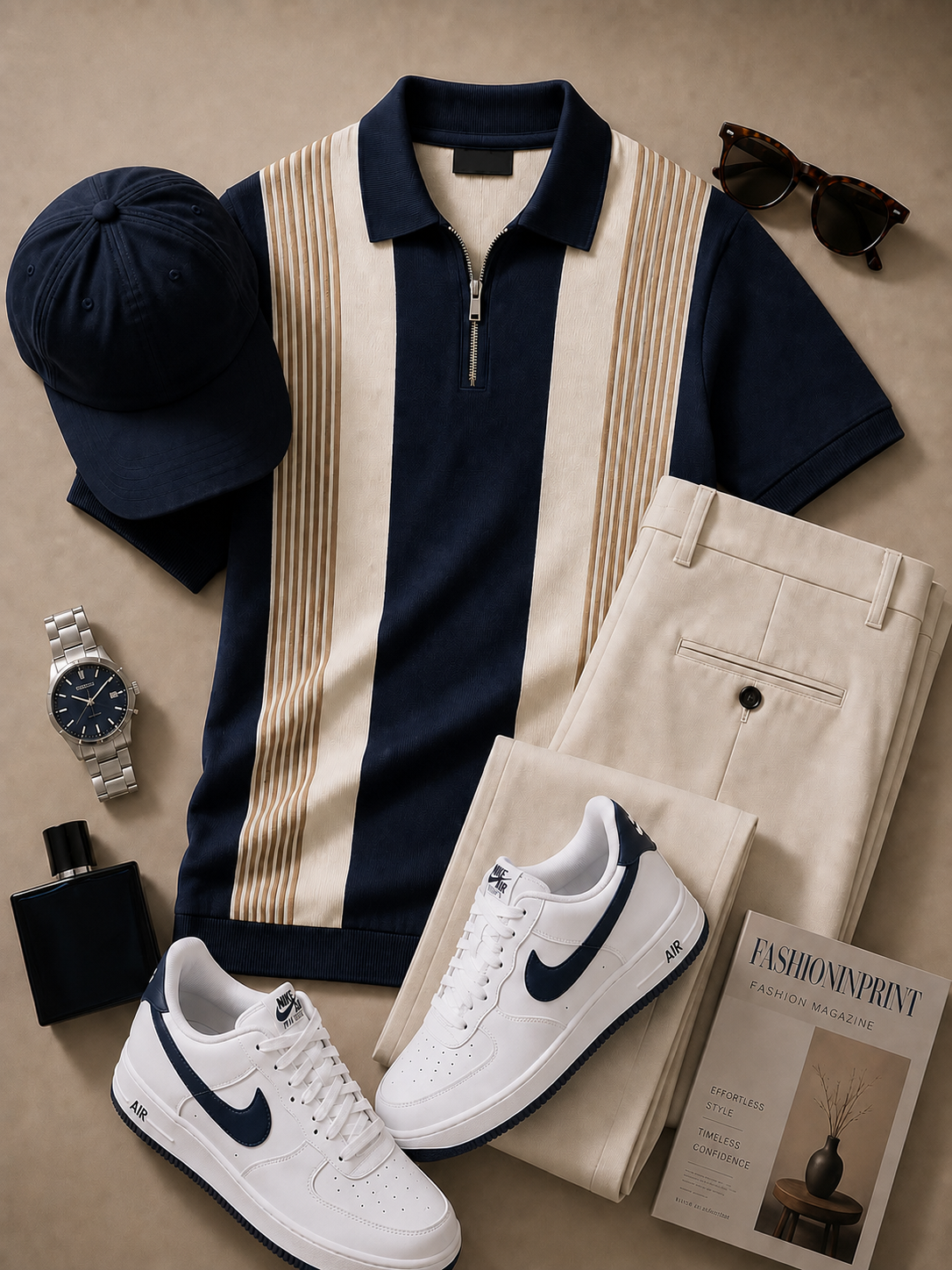 Men's Navy Beige Striped Quarter Zip Knit Polo & Beige Pants 2 Piece Set