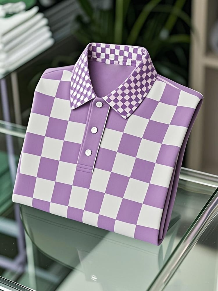 Men's Business Casual Checkerboard Button Short Sleeve Polo Shirt