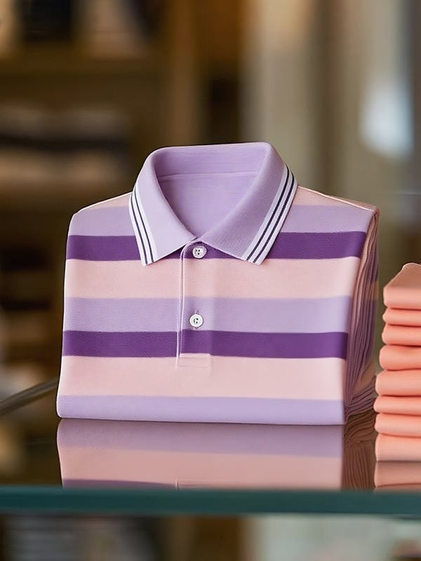 Men's Classic Business Stripe Logo Button Short Sleeve Polo Shirt