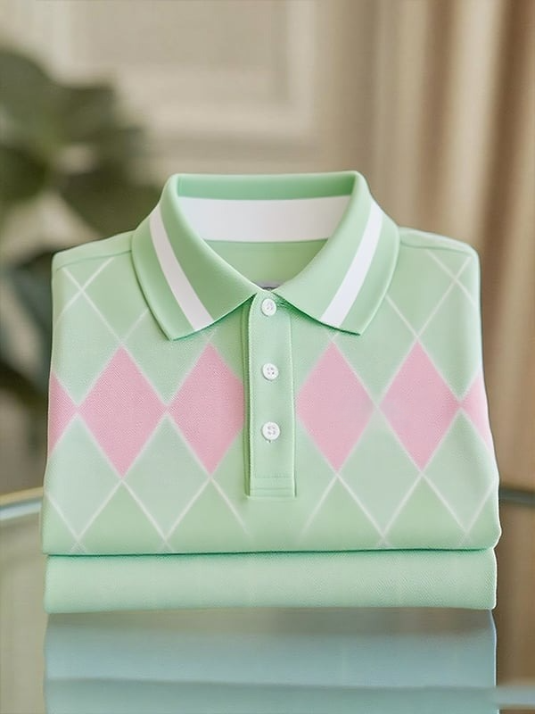 Men's Classic Business Stripe Logo Button Short Sleeve Polo Shirt