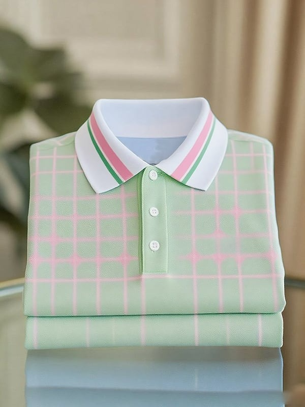 Men's Classic Business Stripe Logo Button Short Sleeve Polo Shirt