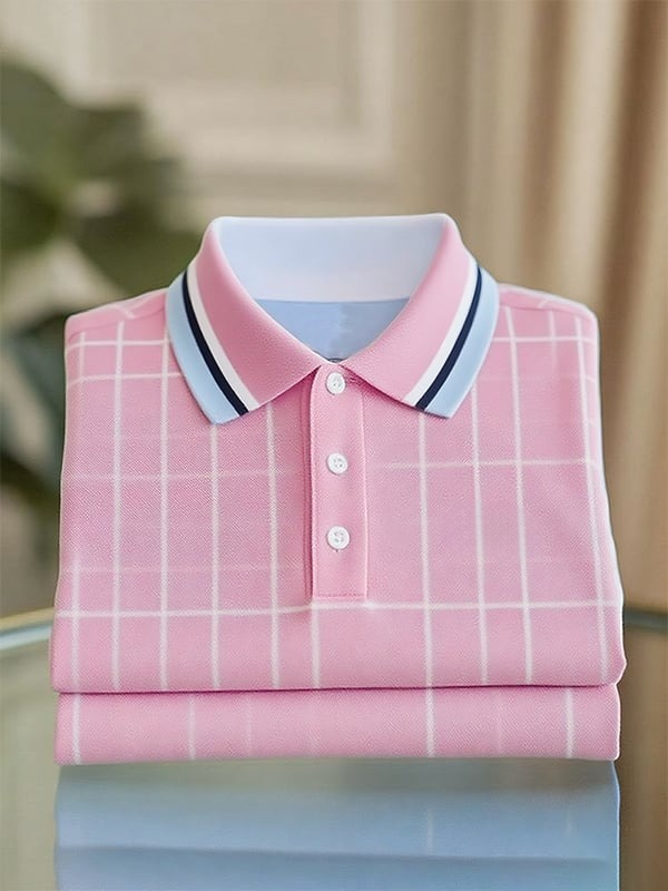 Men's Classic Business Stripe Logo Button Short Sleeve Polo Shirt
