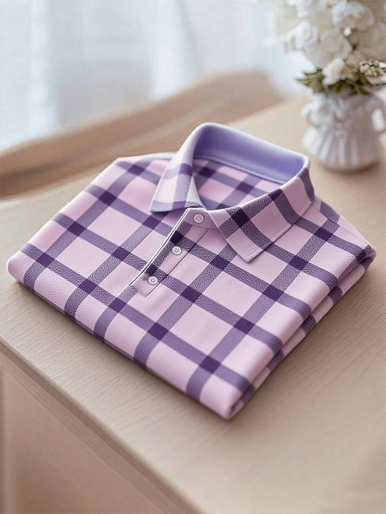 Men's Business Casual Plaid Button Short Sleeve Polo Shirt