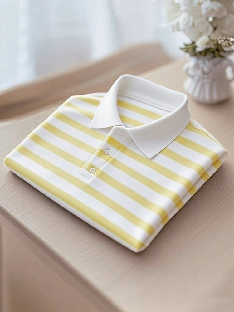 Men's Business Casual Yellow Stripe Button Short Sleeve Polo Shirt