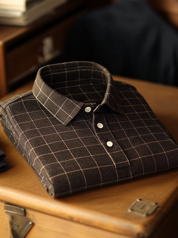 Men's Business Casual Plaid Button Short Sleeve Polo Shirt