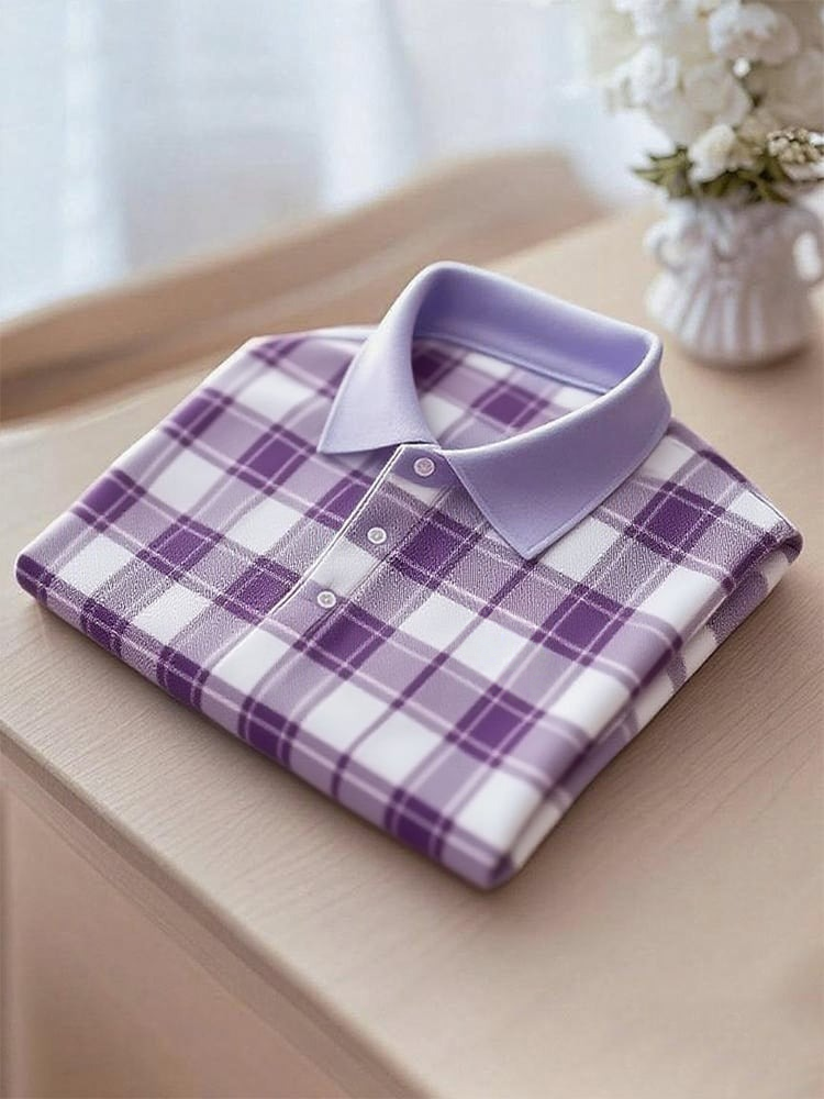 Men's Business Casual Plaid Button Short Sleeve Polo Shirt