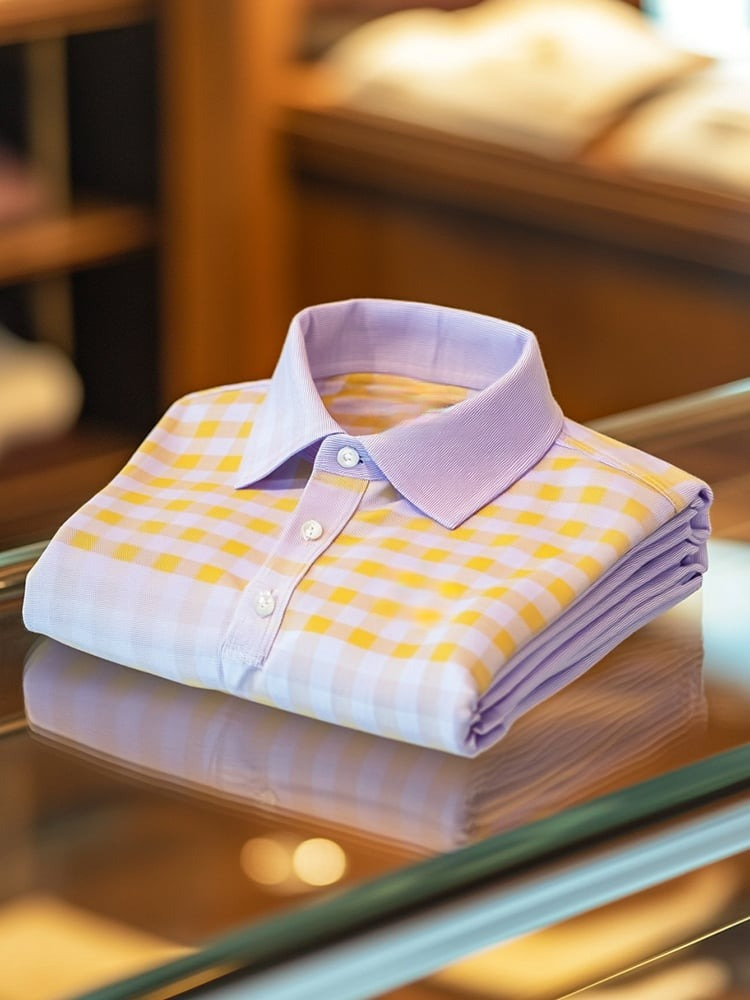 Men's Business Casual Pink and Yellow Plaid Button Short Sleeve Polo Shirt