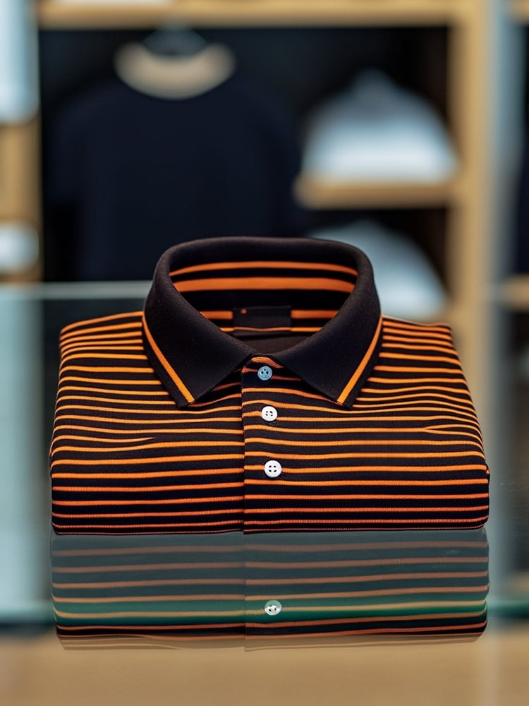 Men's Business Casual Orange Stripe Button Short Sleeve Polo Shirt