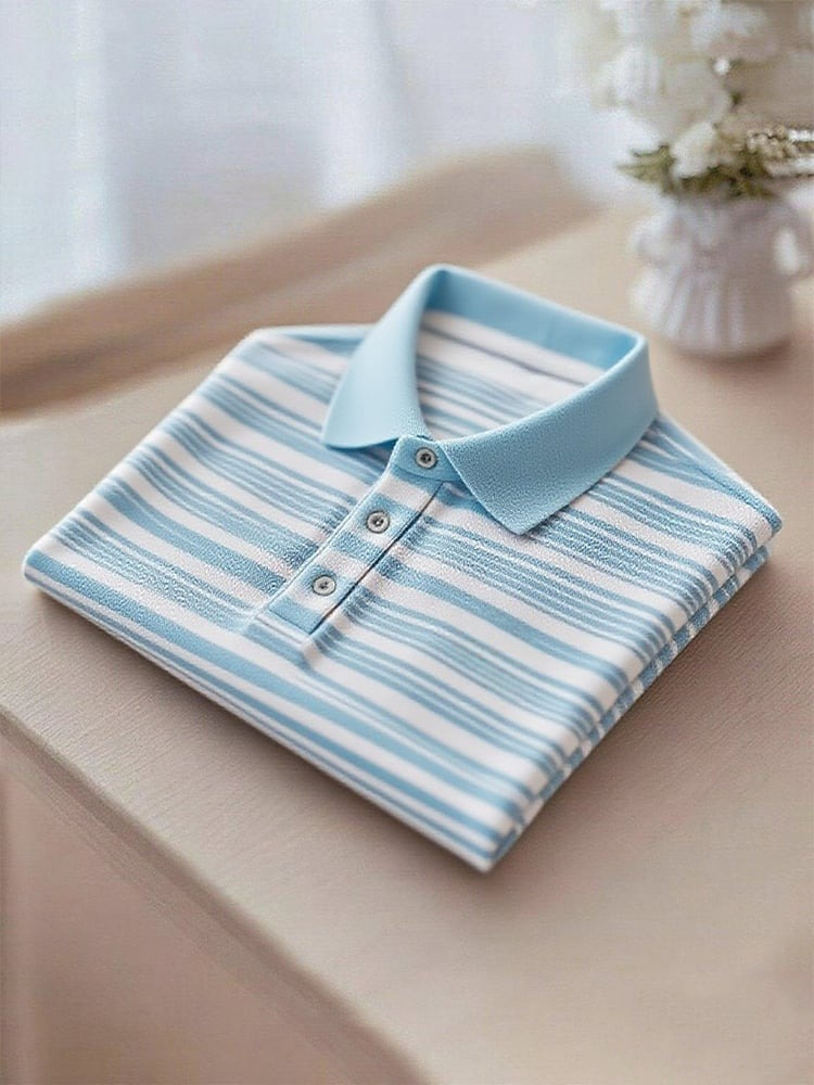 Men's Business Casual Blue Stripe Button Short Sleeve Polo Shirt