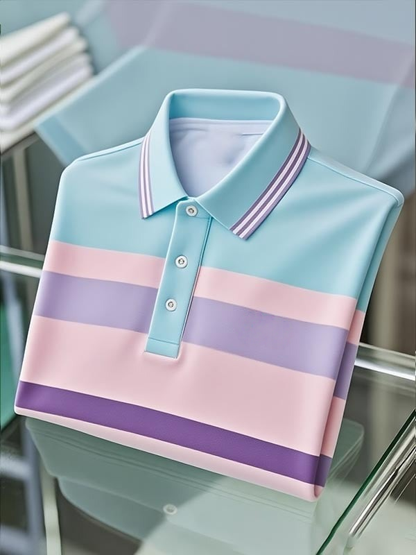 Men's Classic Business Blue Pink Purple Stripe Logo Button Short Sleeve Polo Shirt