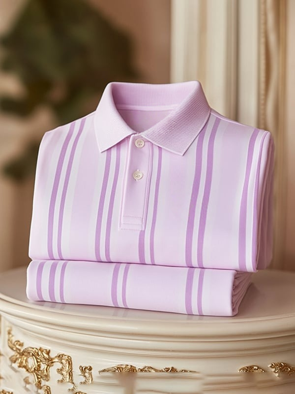 Men's Classic Business Vertical Stripe Logo Button Short Sleeve Polo Shirt