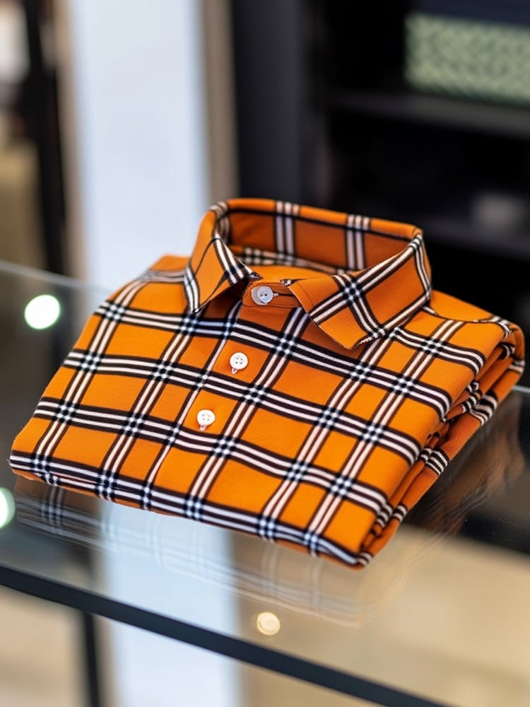 Men's Business Casual Orange Plaid Button Short Sleeve Polo Shirt