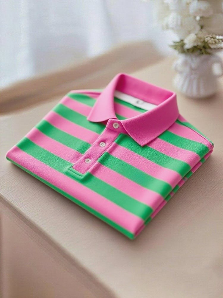 Men's Business Casual Pink and Green Striped Button Short Sleeve Polo Shirt