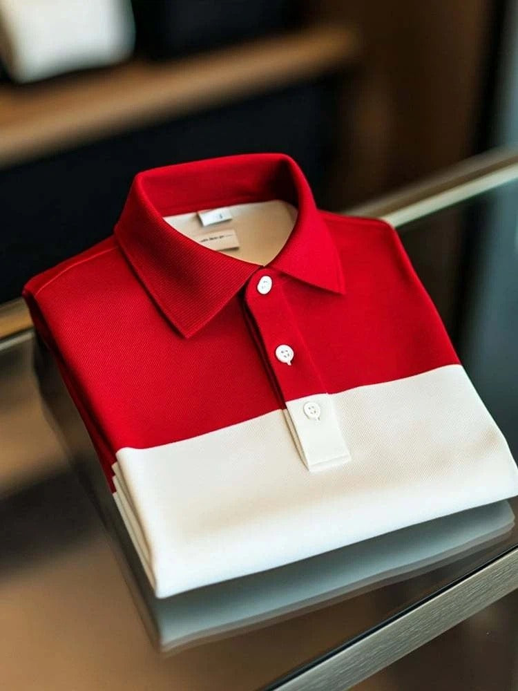 Men's Business Casual White and Red Block Button Short Sleeve Polo Shirt