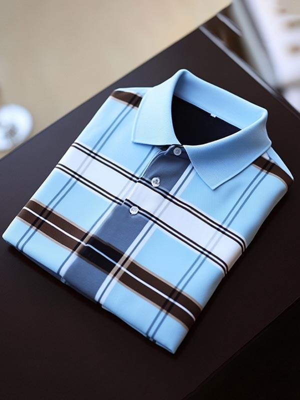 Men's Business Classic Striped Logo Short Sleeve Polo Shirt
