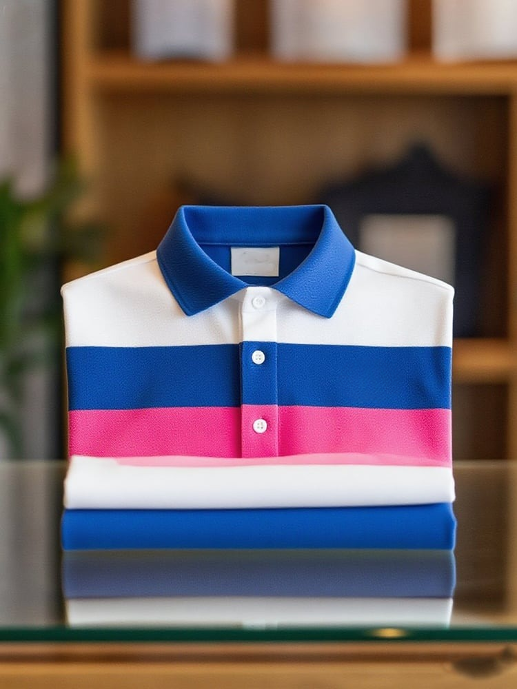 Men's Business Casual Blue, White and Pink Striped Button Short Sleeve Polo Shirt