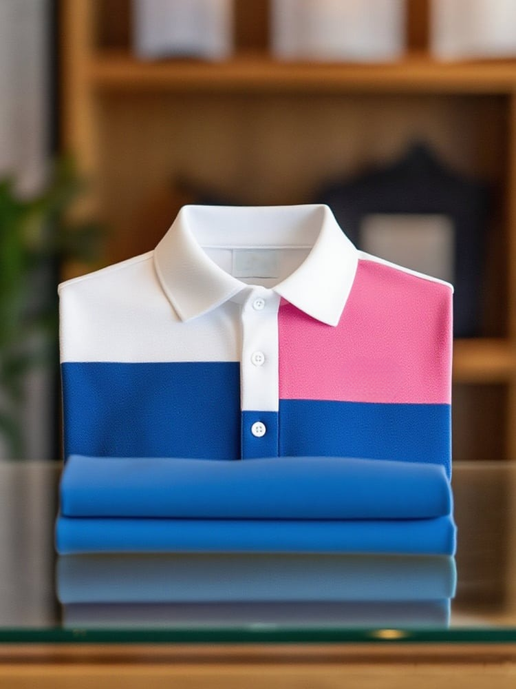 Men's Business Casual Blue White Pink Block Button Short Sleeve Polo Shirt