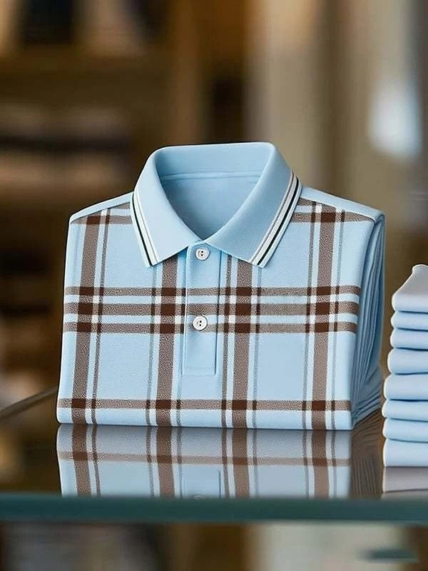 Men's Business Classic Blue and Grey Check Logo Short Sleeve Polo Shirt