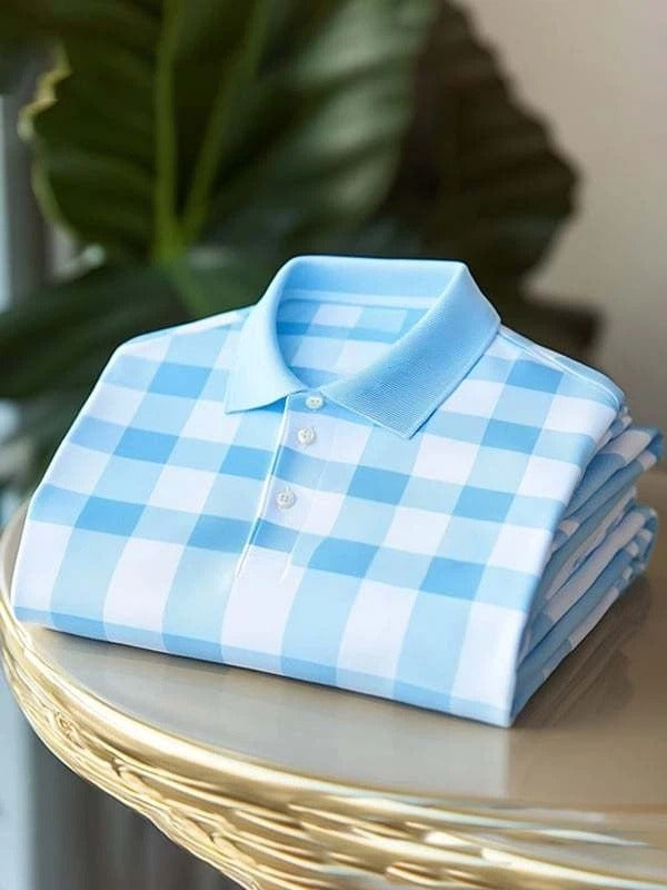 Men's Classic Blue and White Check Logo Short Sleeve Polo Shirt