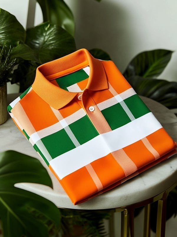Men's Classic Tricolor Check Business Logo Button Short Sleeve Polo Shirt
