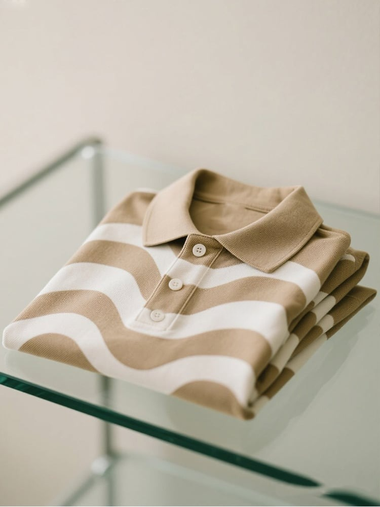 Men's Business Casual Wavy Striped Button Short Sleeve Polo Shirt