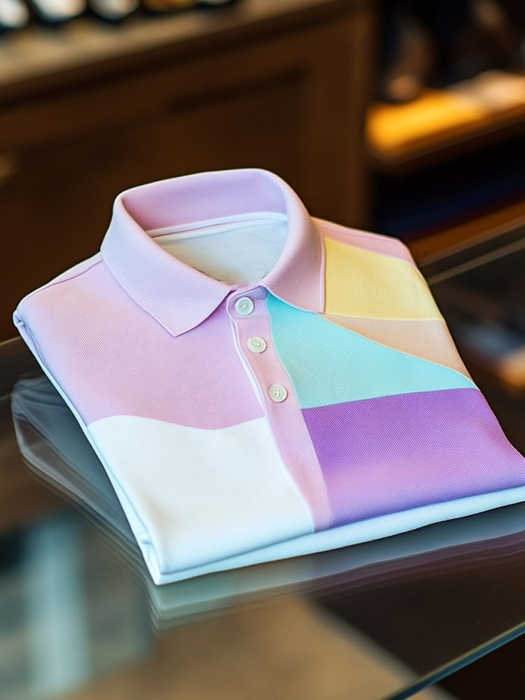 Men's Smart Casual Color Block Logo Button Short Sleeve Polo Shirt