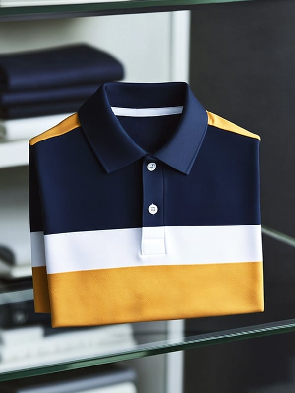 Men's Classic Tricolor Check Business Logo Button Short Sleeve Polo Shirt