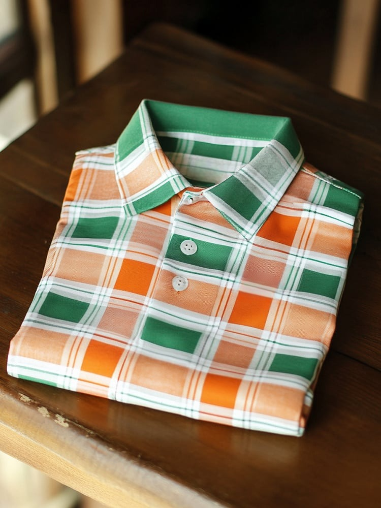 Men's Business Casual Orange Green Plaid Button-Down Short Sleeve Polo Shirt