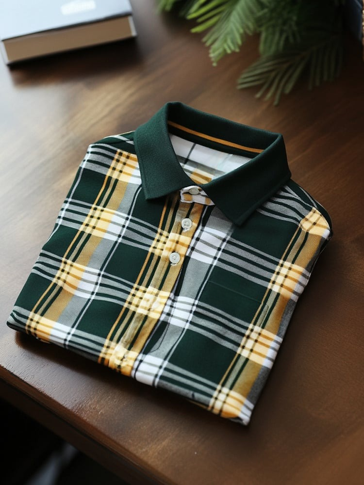 Men's Business Casual Yellow Green Plaid Button Short Sleeve Polo Shirt