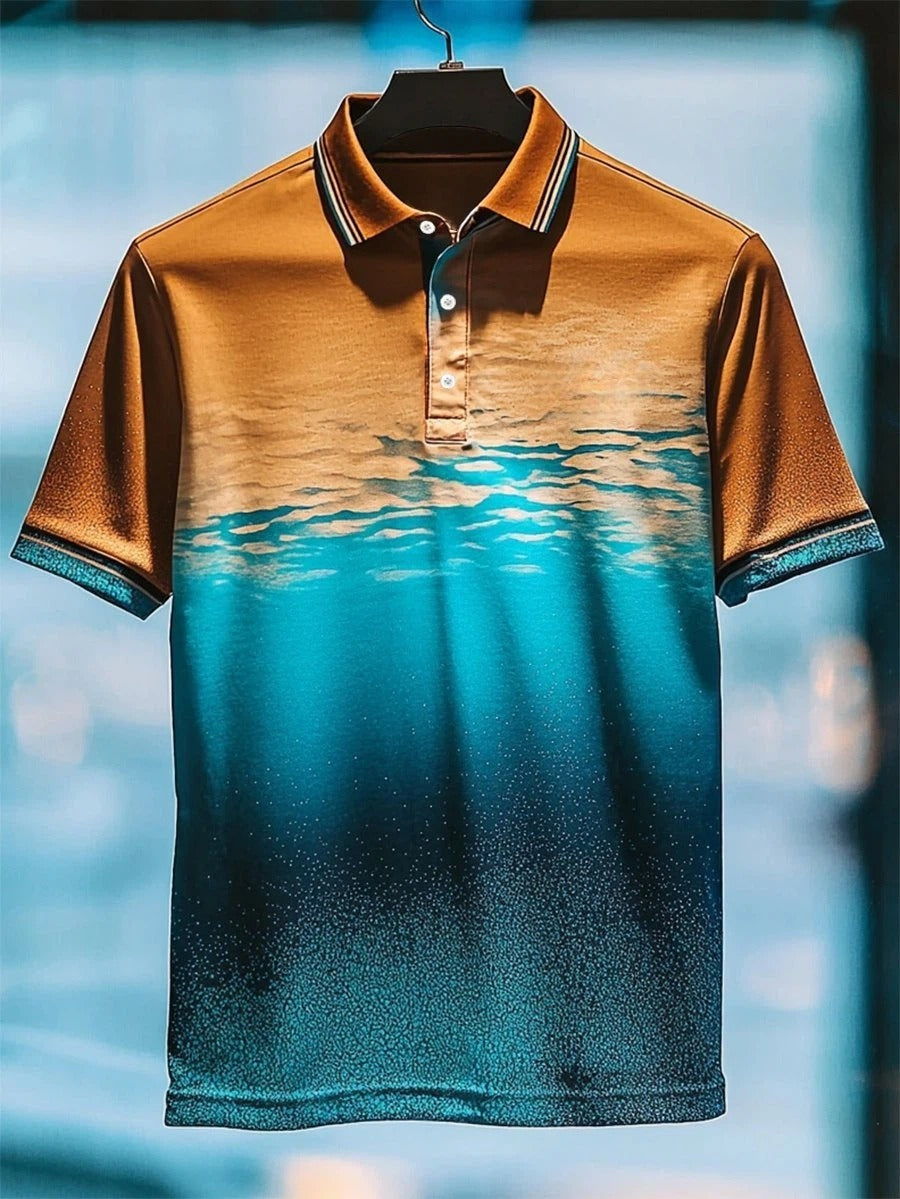 Men's Business Casual Gradient Art Button Short Sleeve Polo Shirt