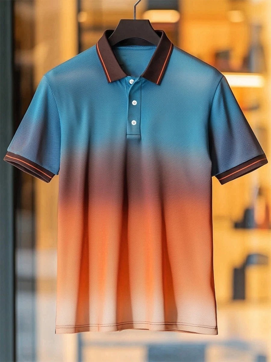 Men's Business Casual Gradient Art Button Short Sleeve Polo Shirt