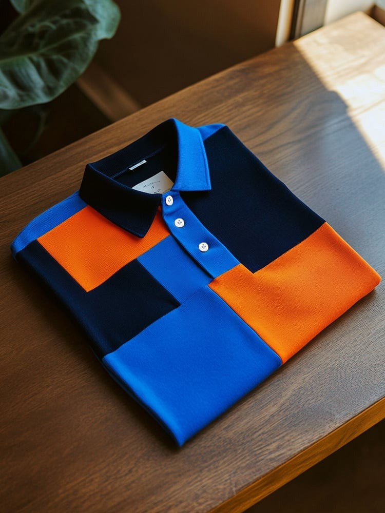Men's Business Casual Blue and Orange Block Button Short Sleeve Polo Shirt